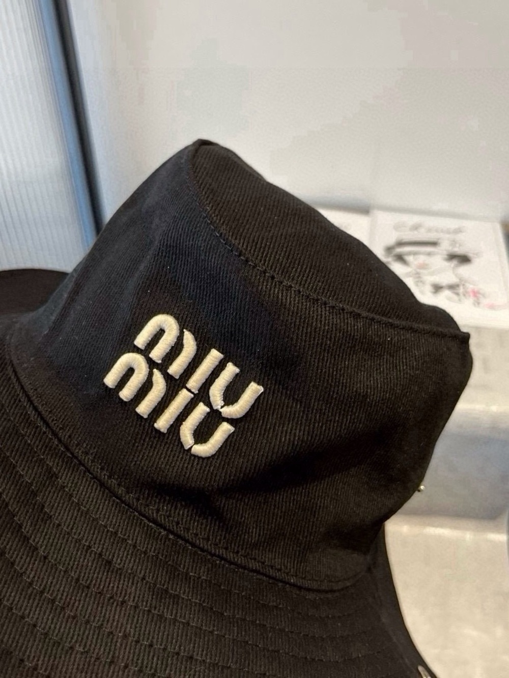Miu Miu Black Canvas Bucket Hat with White Embroidered Logo - Picture 4 of 6